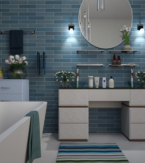 bathroom, blue, tile