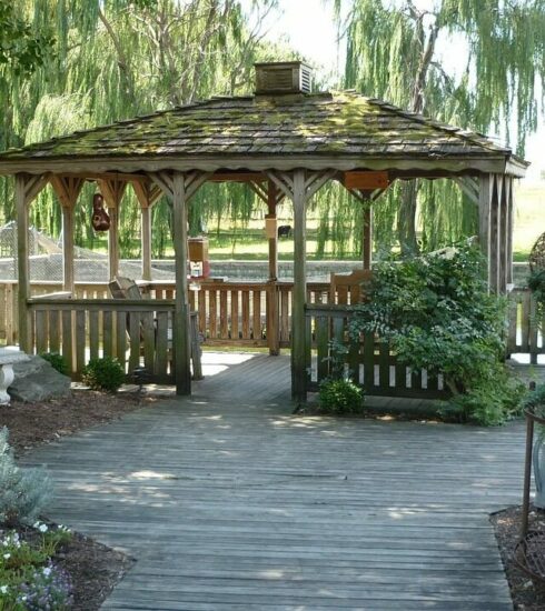 gazebo, deck, shade, patio, trees, relaxation, nature, outdoors, backyard, pergola, pavilion, leisure, yard, relax, covered, porch, landscaping, veranda, outdoor, countryside