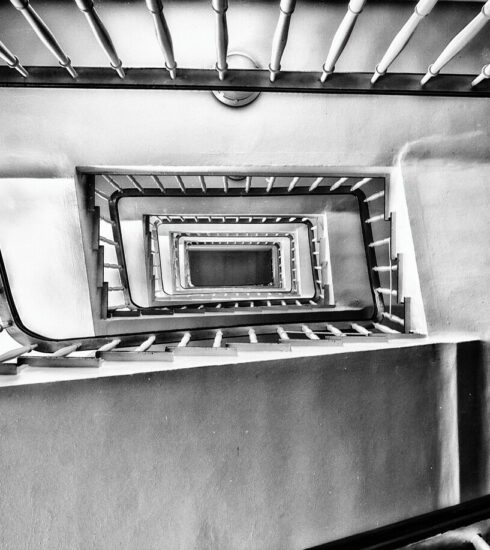 house, stairs, hallway, staircase, rise, railing, stages, treppengeländer, upwards, architecture, floor, stairwell, spiral, down, wood railings, black-and-white