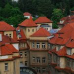 a group of buildings with red roofs