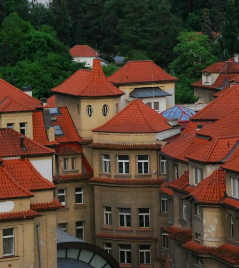 a group of buildings with red roofs